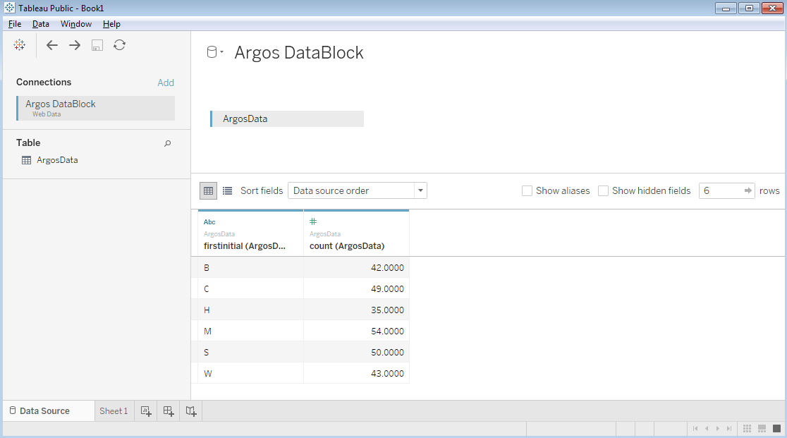 "Argos DataBlock" Web Data connector in Tableau.  The rows and columns data brought over in the JSON is displayed at the bottom of the screen.  Tableau provides options here for changing the sort order, showing aliases and hidden fields, and changing the number of rows displayed.